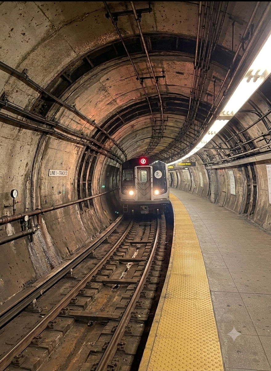 Subway train emerging from a curved tunnel — illustrating tunnel engineering in service
